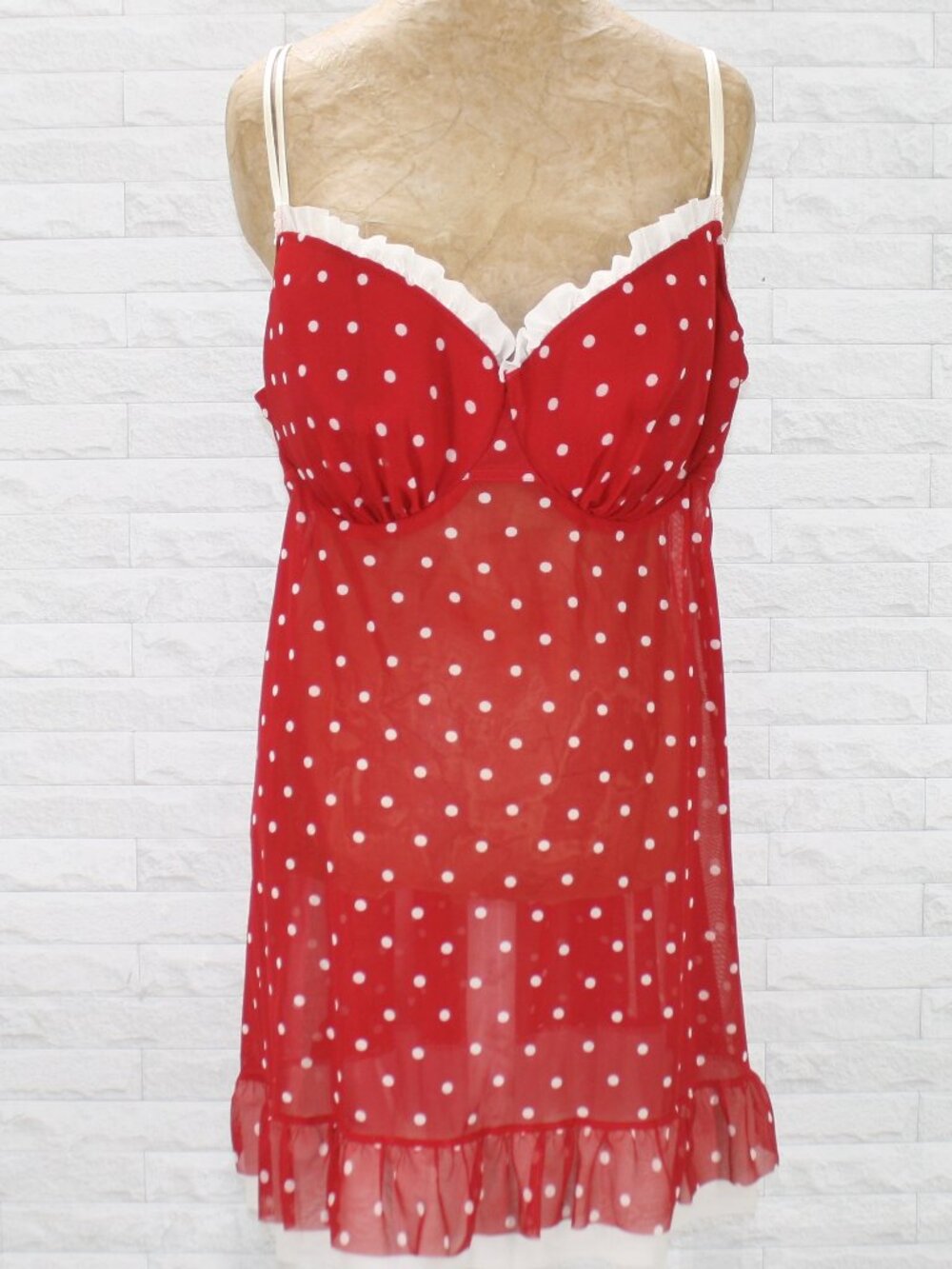 CACIQUE Chemise Sheer Polka Dot Retro Babydoll Negligee Lace Red White Plus Size